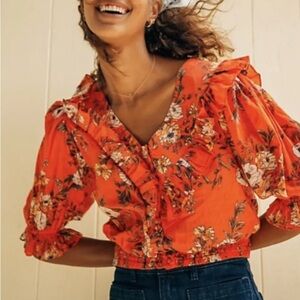 Saison de la Fleur x Free People Orange Floral Ruffle Waverly Blouse Shirt